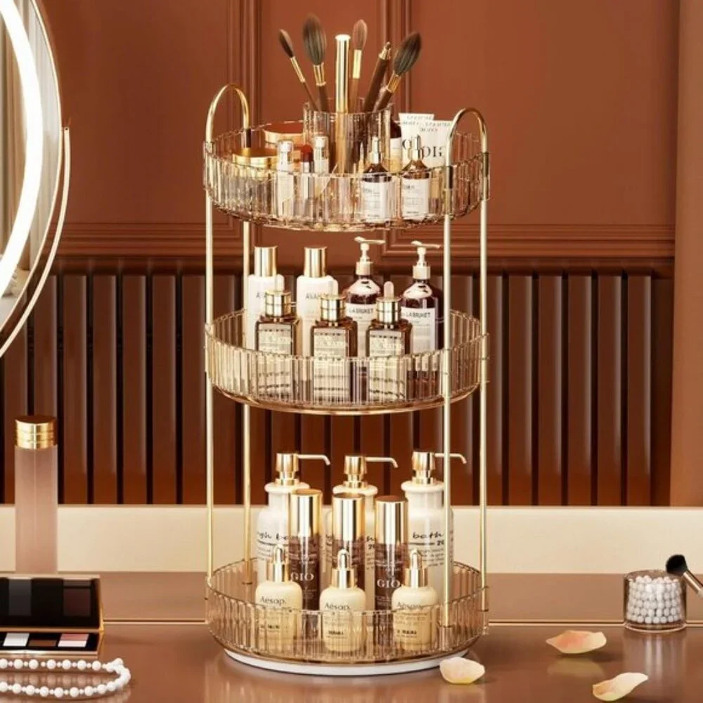 New 360° Rotating Makeup Organizer, Large 3-Tier Cosmetic & Skincare Storage